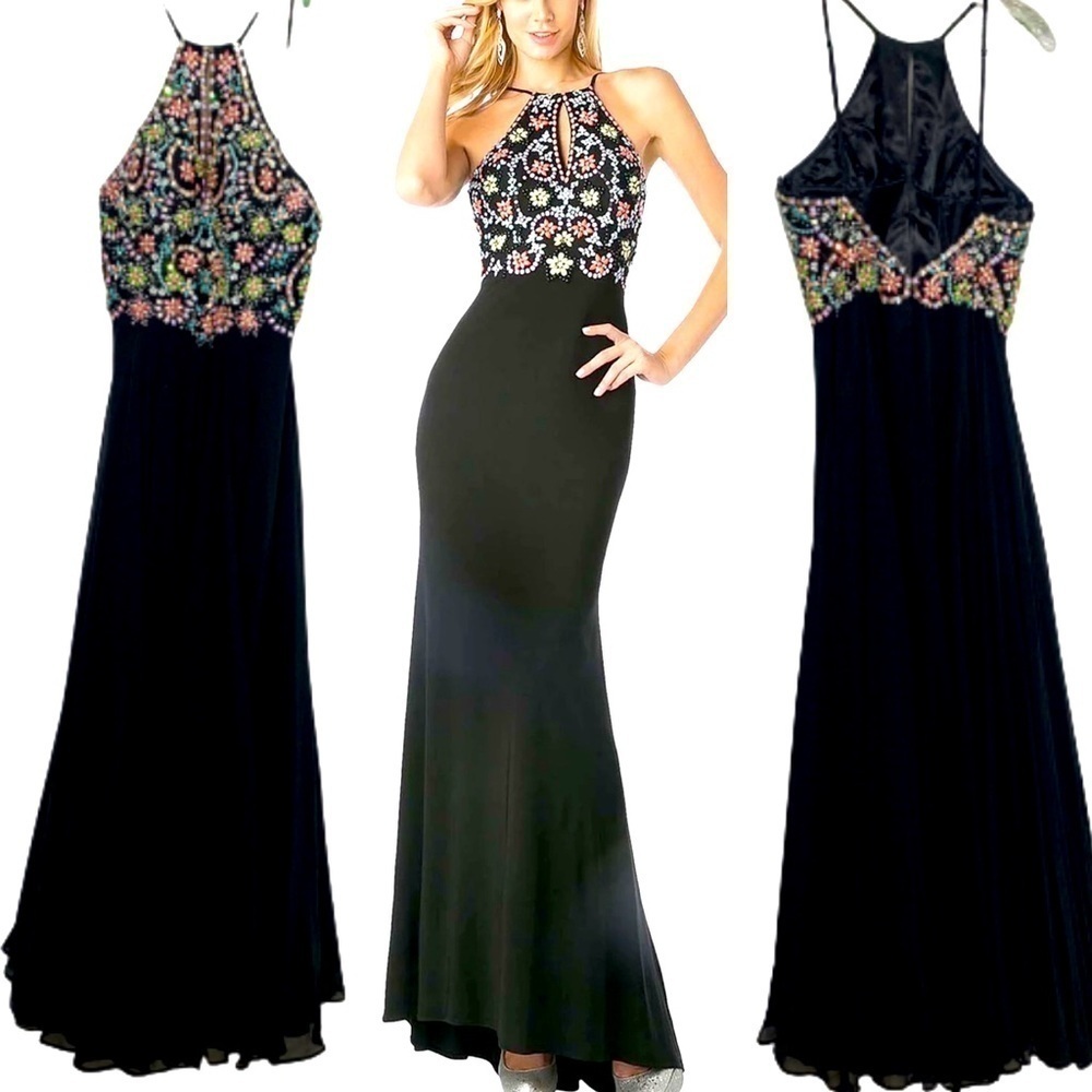 Faviana Glamour Beaded Sparkle Maxi Gown Women’s Size 6 Sleeveless Black Dress